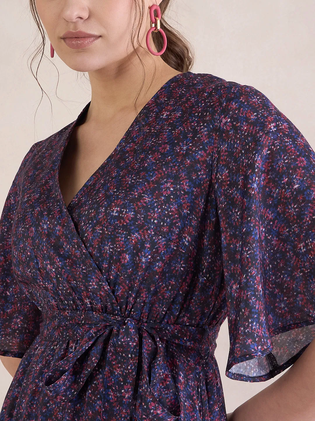 Navy Abstract Chanderi Wrap Maxi Dress