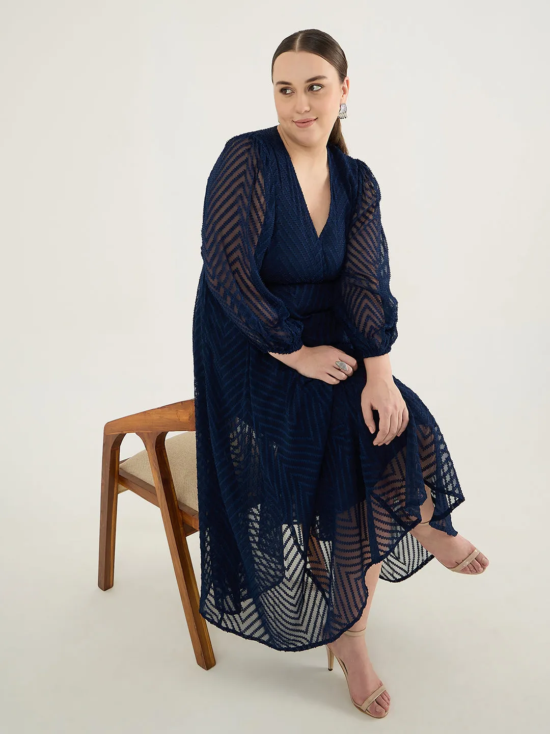 Navy Chevron Dobby Wrap Maxi Dress
