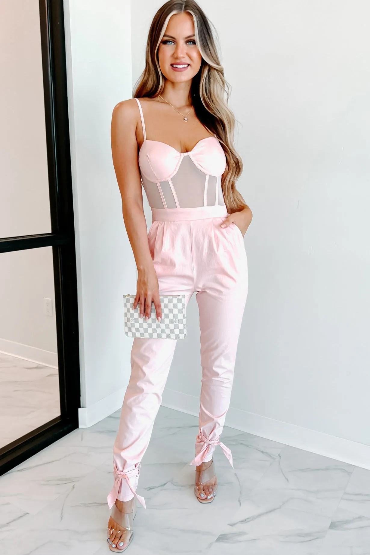 New Attraction Padded Mesh Tie-Ankle Jumpsuit (Blush)