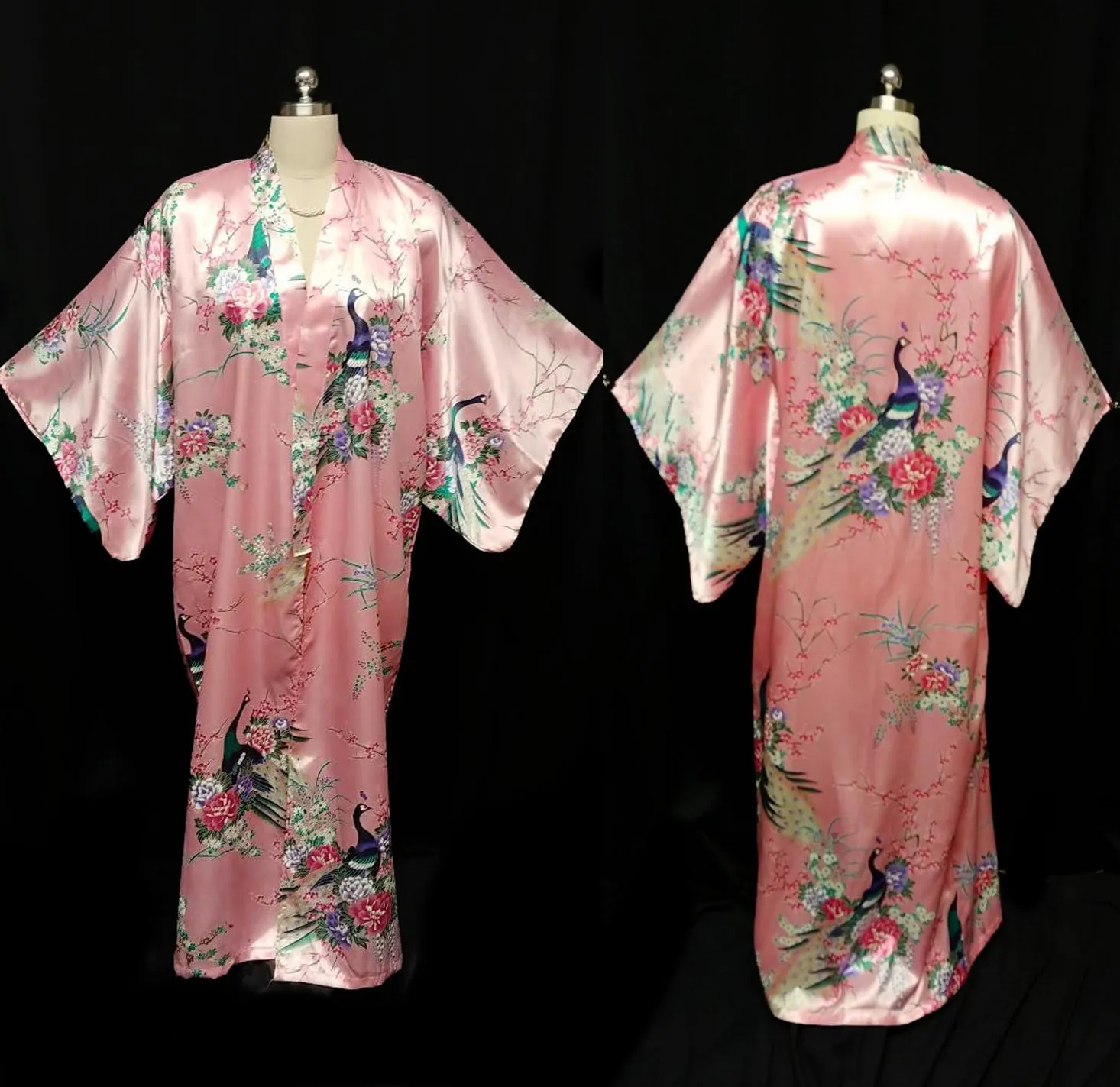 *NEW WITH TAG - VINTAGE ORIENTAL ASIAN PEACOCK & CHERRY BLOSSOMS SILKY ROSE KIMONO PEIGNOIR WITH HUGE SLEEVES FROM JAPAN