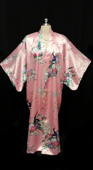 *NEW WITH TAG - VINTAGE ORIENTAL ASIAN PEACOCK & CHERRY BLOSSOMS SILKY ROSE KIMONO PEIGNOIR WITH HUGE SLEEVES FROM JAPAN