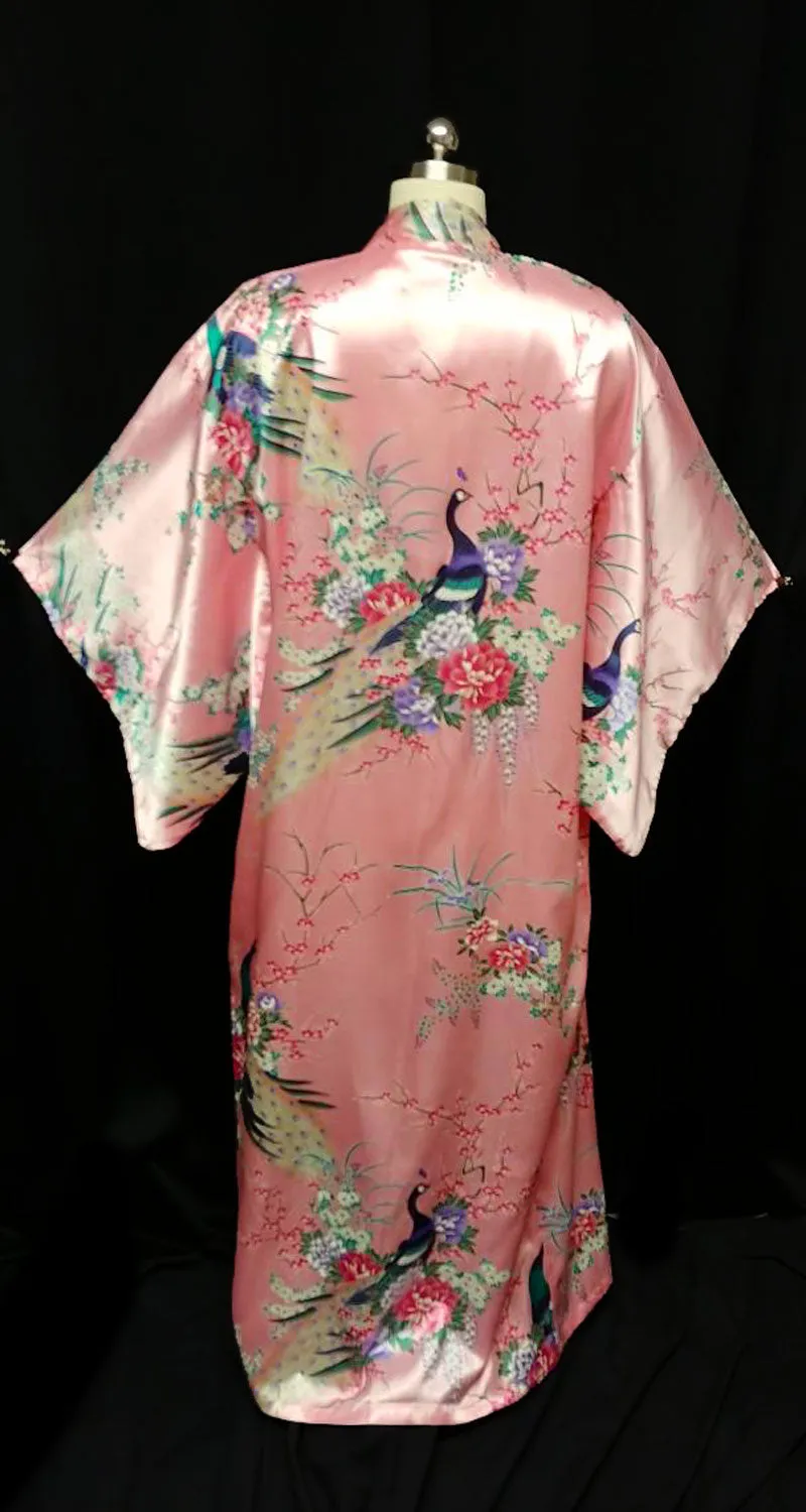 *NEW WITH TAG - VINTAGE ORIENTAL ASIAN PEACOCK & CHERRY BLOSSOMS SILKY ROSE KIMONO PEIGNOIR WITH HUGE SLEEVES FROM JAPAN