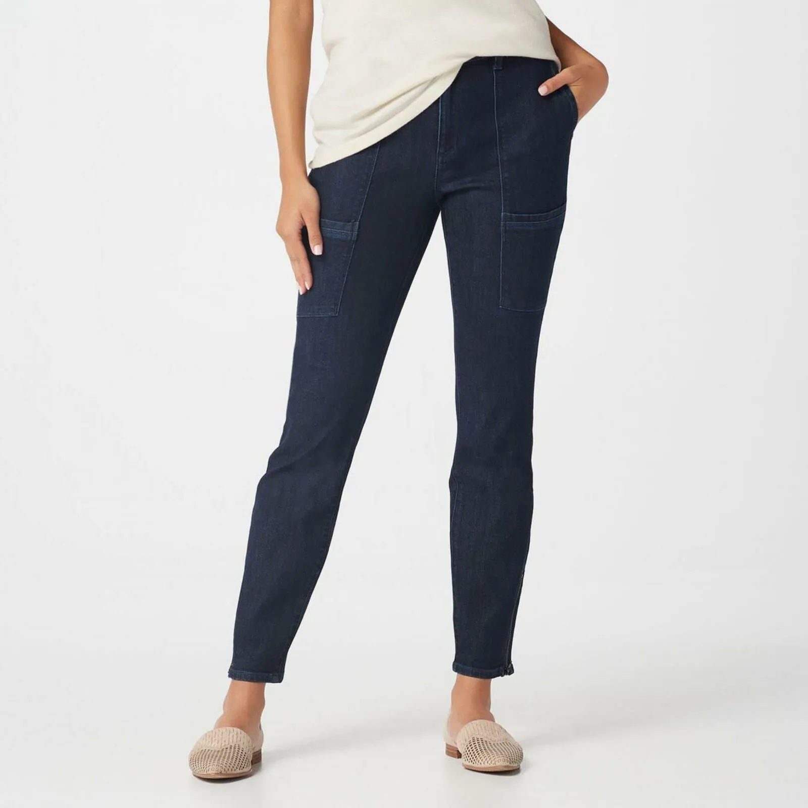 NWT Susan Graver Petite High Stretch Denim Zip Front Ankle Jeans. A372476 20WP