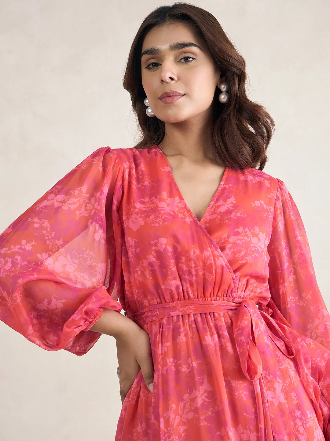Orange And Pink Floral Printed Wrap Maxi Dress