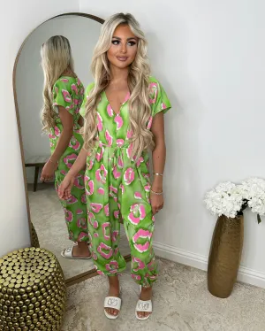 Petra Harem Patterned V Neck Jumpsuit -  Green