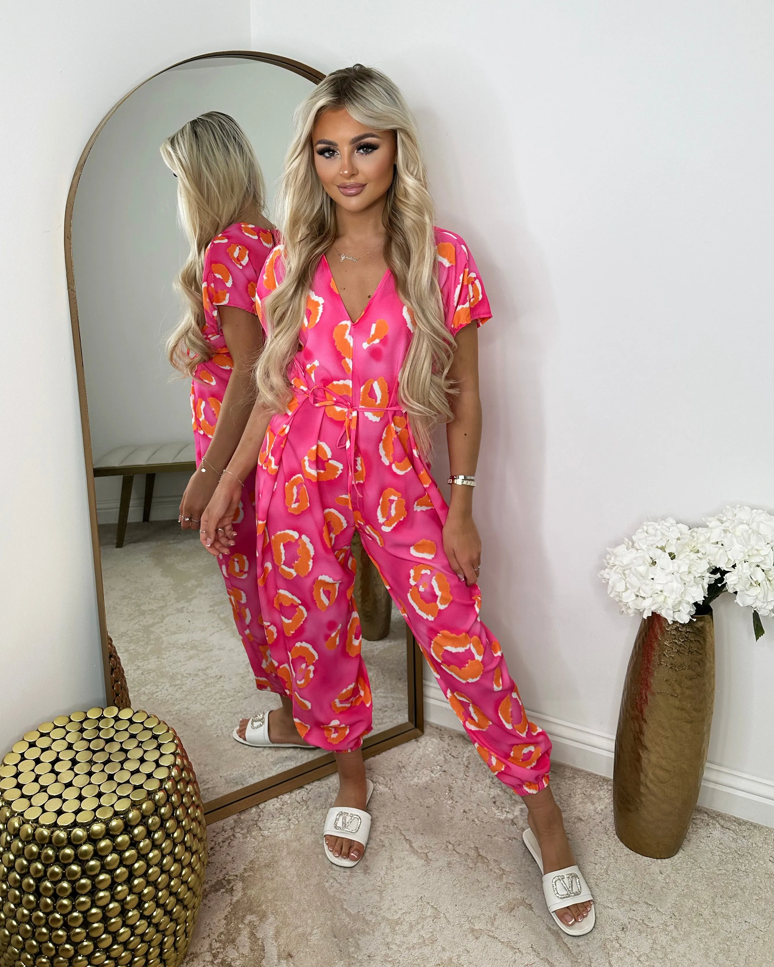 Petra Harem Patterned V Neck Jumpsuit -  Pink