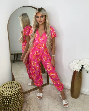 Petra Harem Patterned V Neck Jumpsuit -  Pink
