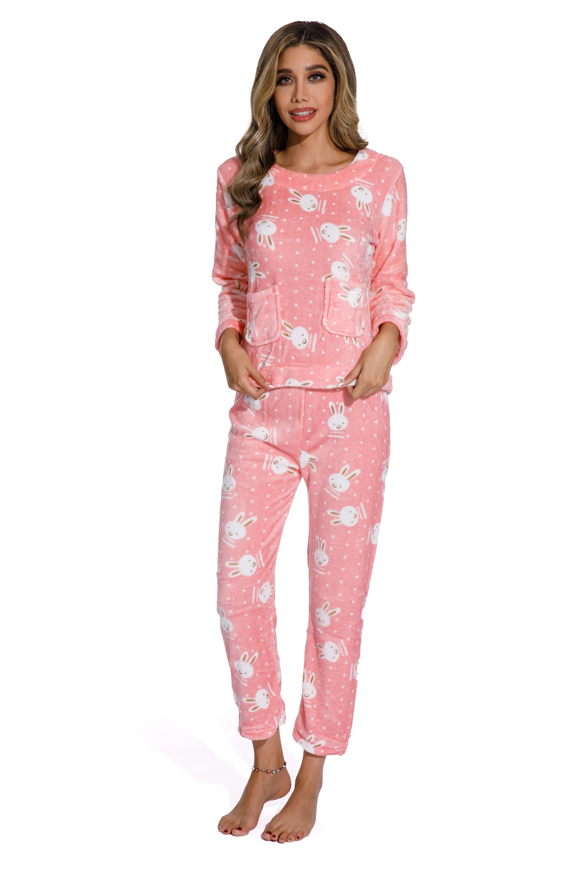 Pink Autumn Long Sleeve Flannel Sleepwear Set