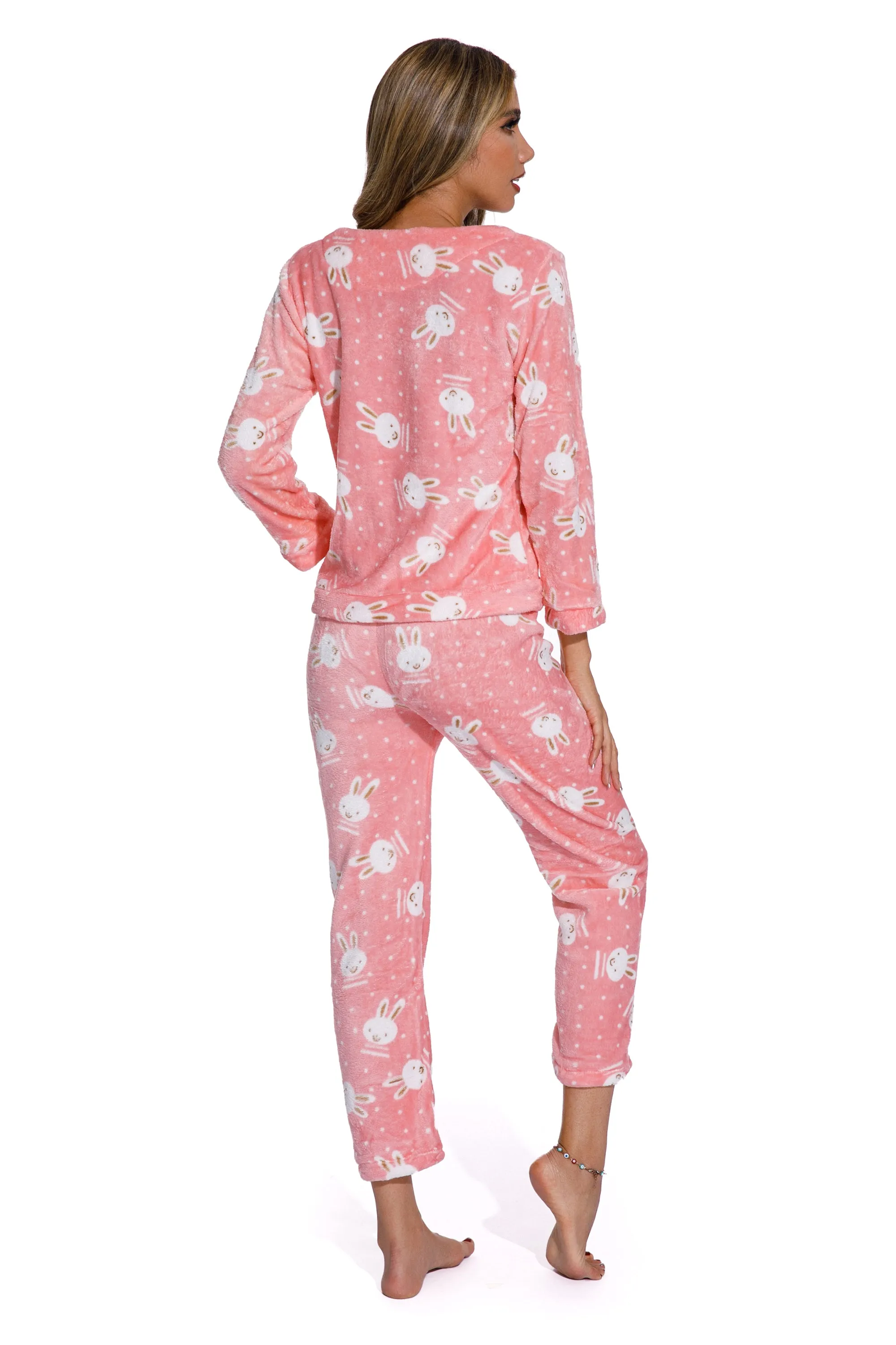 Pink Autumn Long Sleeve Flannel Sleepwear Set