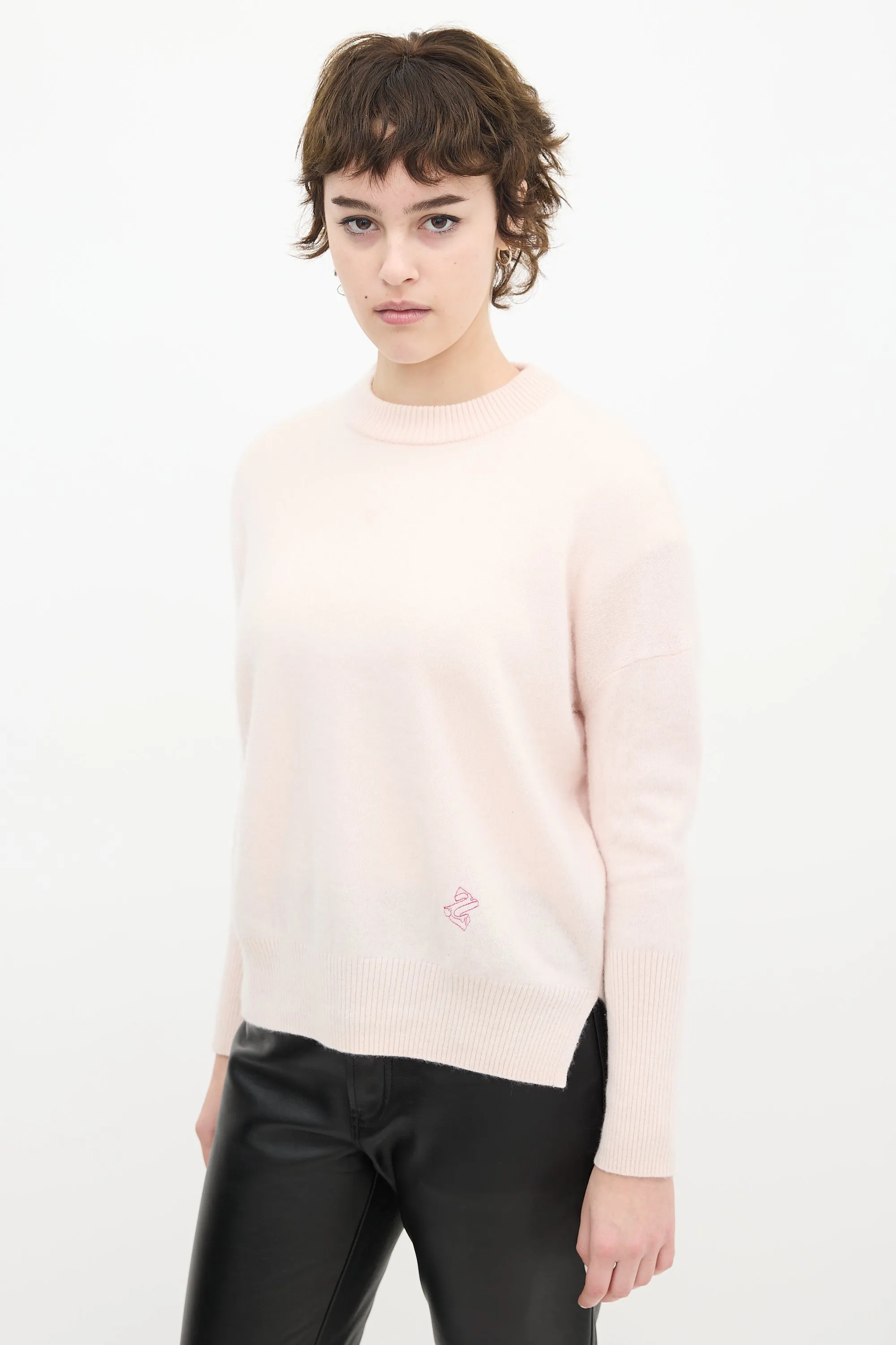 Pink Cashmere Embroidered Logo Sweater
