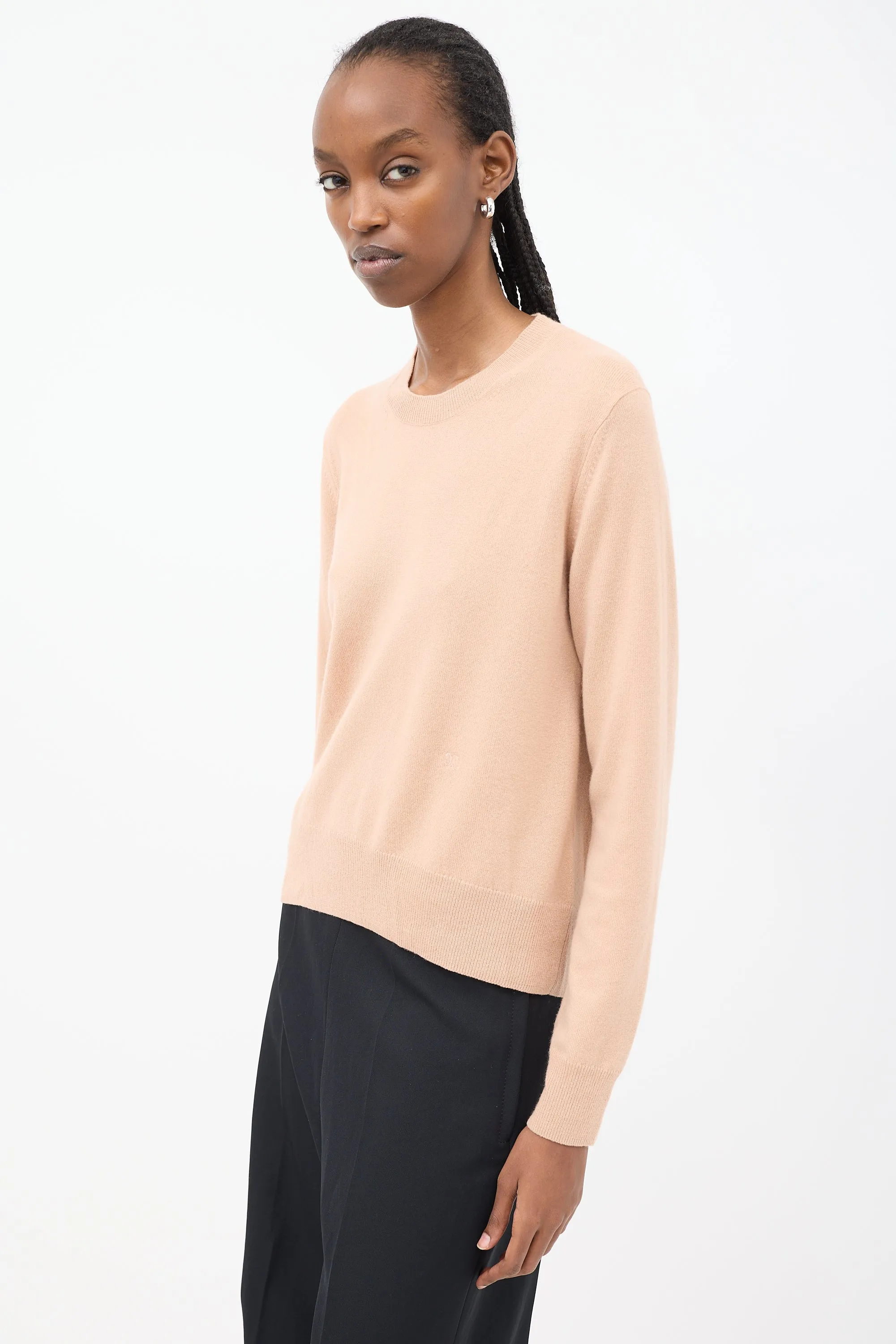 Pink Cashmere Embroidered Round Neck Sweater