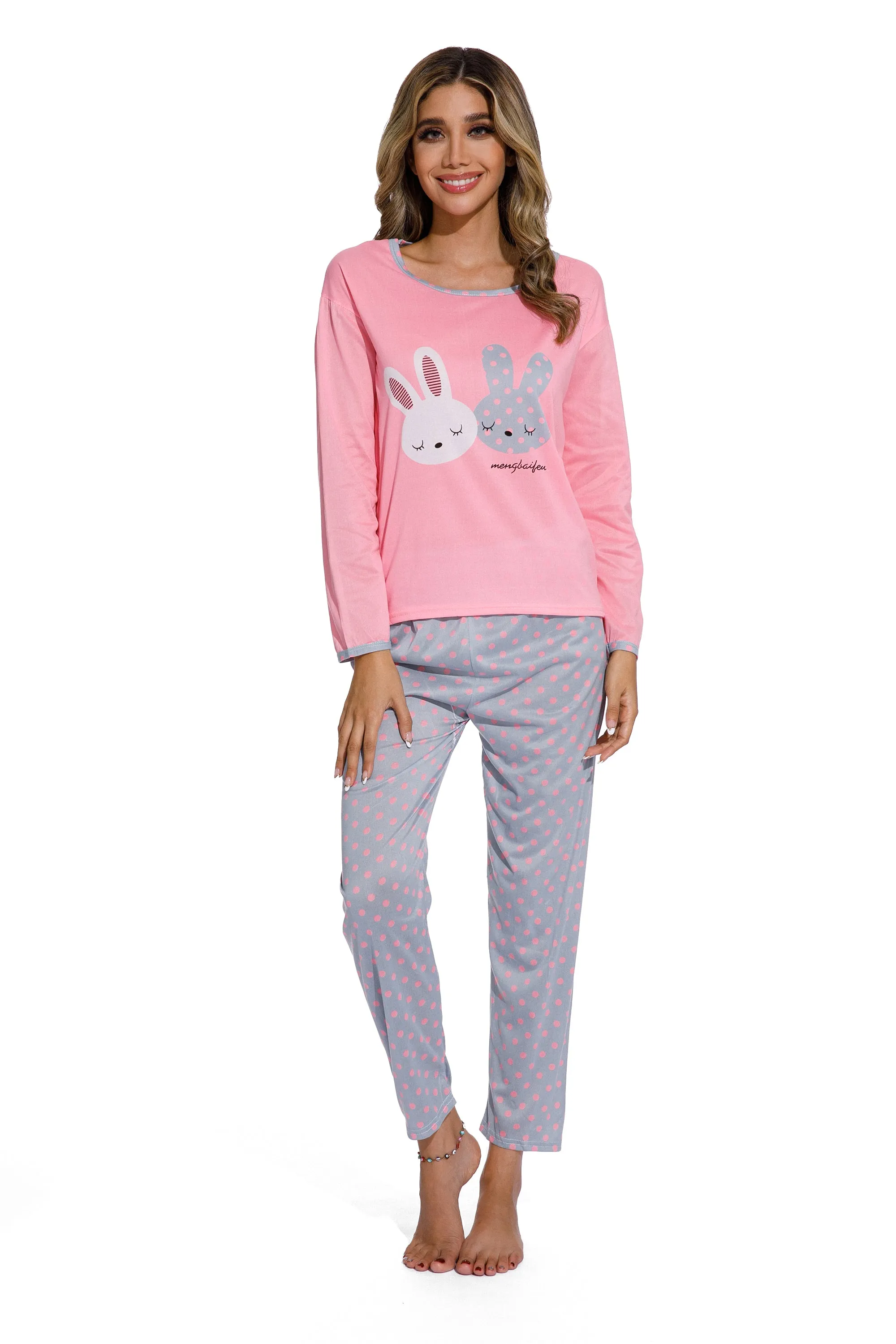 Pink-Cute Long eared rabbit Print Sleepsuit