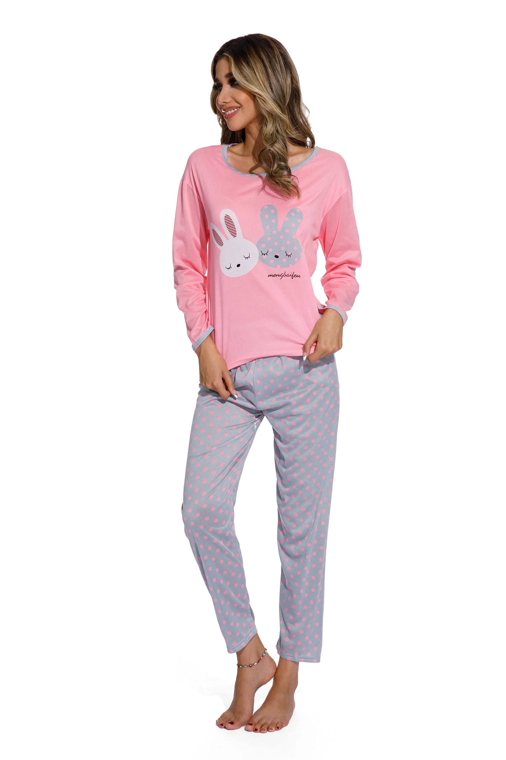 Pink-Cute Long eared rabbit Print Sleepsuit