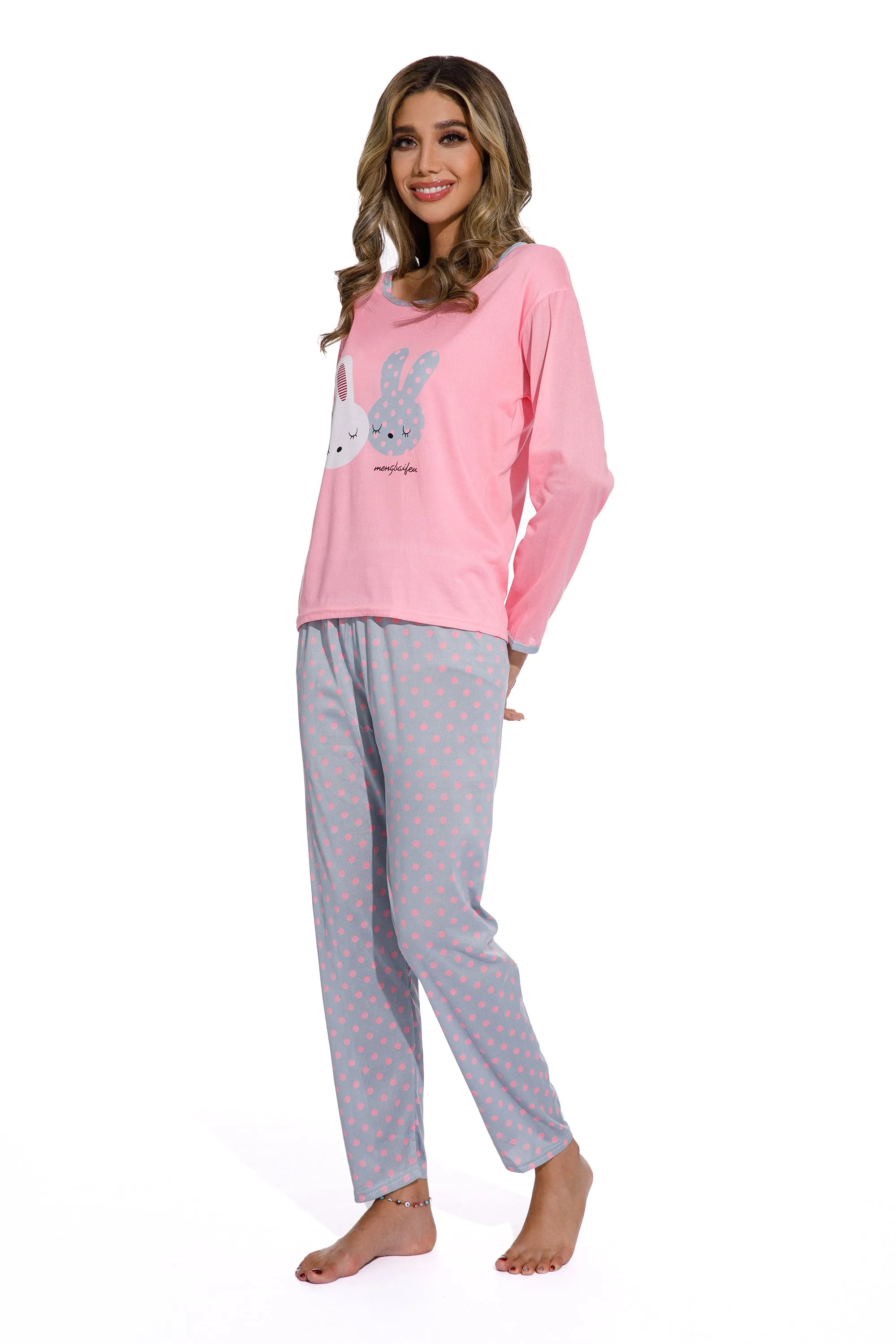 Pink-Cute Long eared rabbit Print Sleepsuit