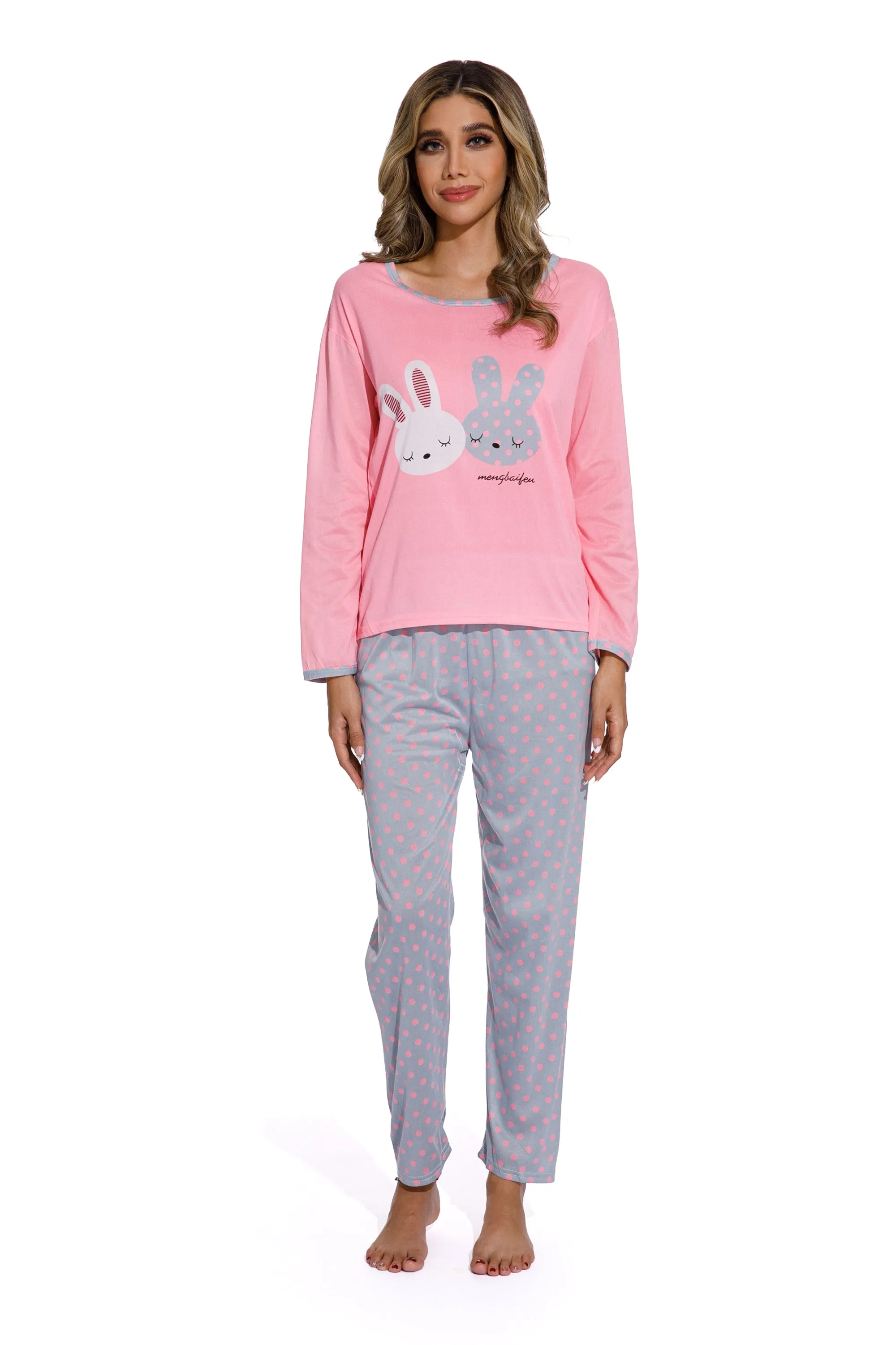 Pink-Cute Long eared rabbit Print Sleepsuit