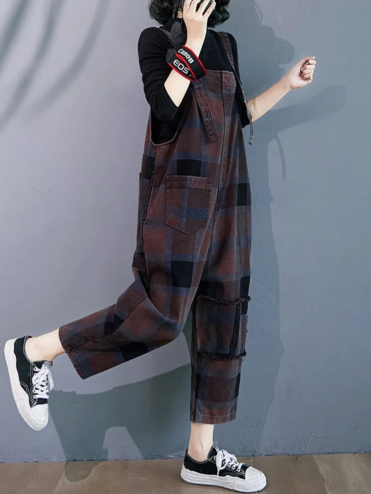 Plaid Print Demin Pockets Causal Harem Jumpsuit For Women