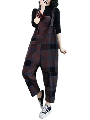 Plaid Print Demin Pockets Causal Harem Jumpsuit For Women