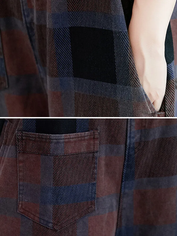 Plaid Print Demin Pockets Causal Harem Jumpsuit For Women