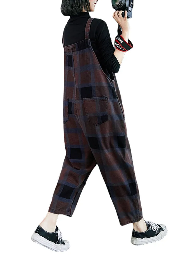 Plaid Print Demin Pockets Causal Harem Jumpsuit For Women