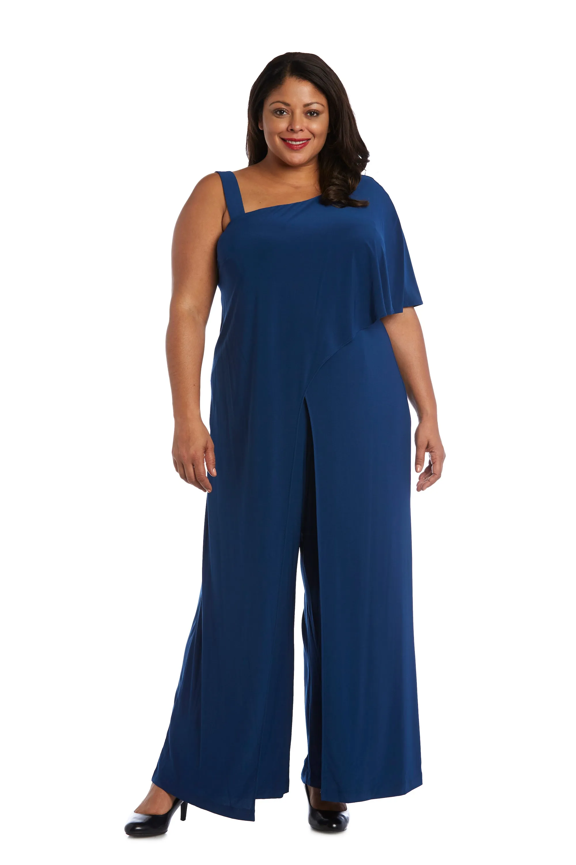 Plus Size Flared Jumpsuit with Single Shoulder, Overlay, and Draped Sleeves
