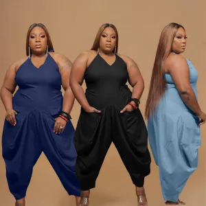 Plus solid color sling harem jumpsuit AY1102