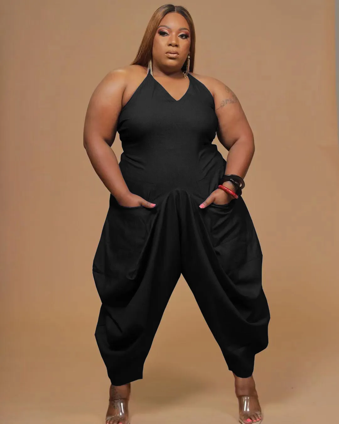 Plus solid color sling harem jumpsuit AY1102