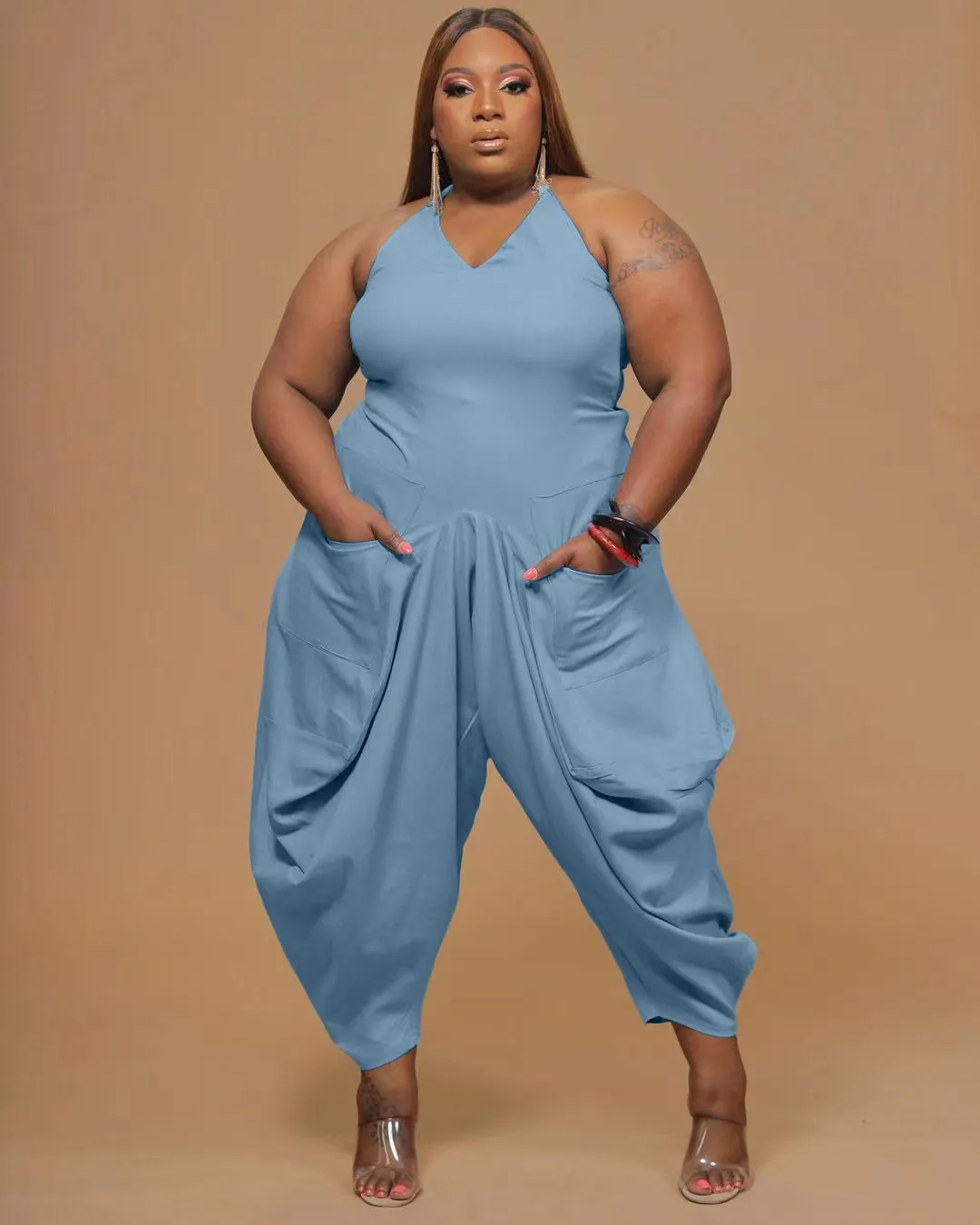 Plus solid color sling harem jumpsuit AY1102
