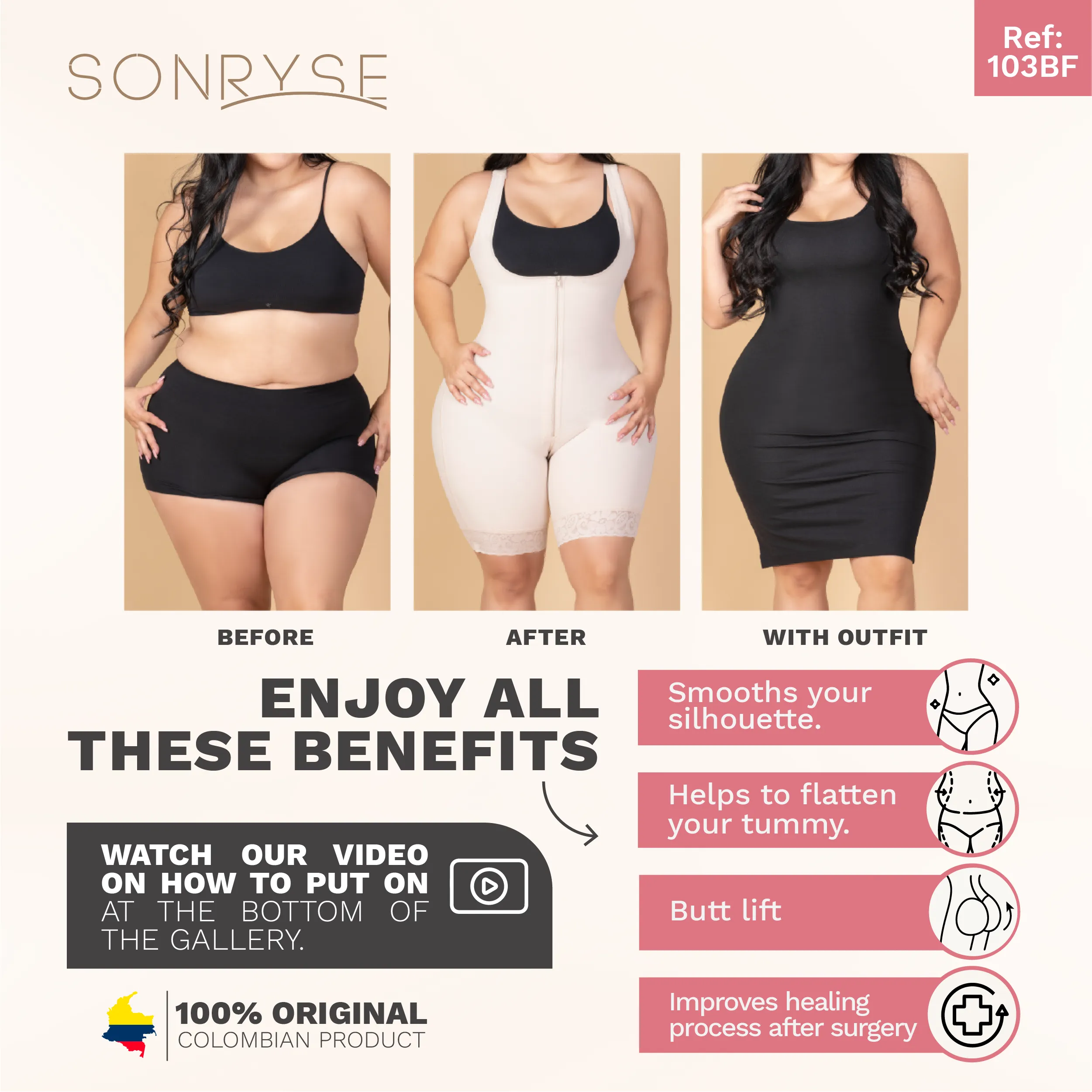 Post-Surgery BBL and Arm & Thigh Liposuction (360) Faja with sleeves High Compression & Bra Support Sonryse 103BF