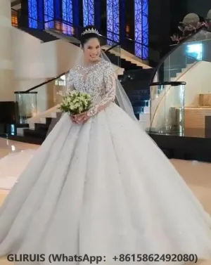 Princess Wedding Dress Beaded Appliques Jewel Neck Court Train Ball Bridal Gowns