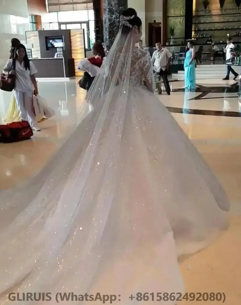 Princess Wedding Dress Beaded Appliques Jewel Neck Court Train Ball Bridal Gowns