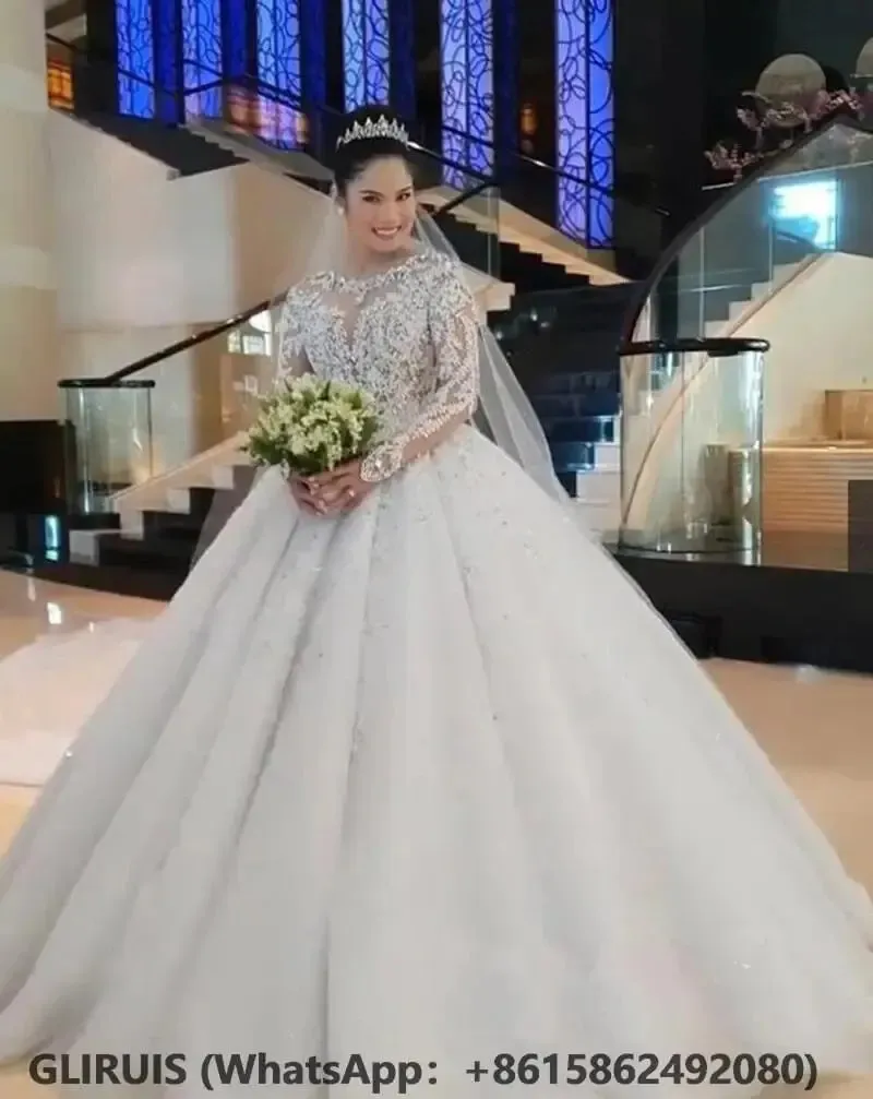 Princess Wedding Dress Beaded Appliques Jewel Neck Court Train Ball Bridal Gowns