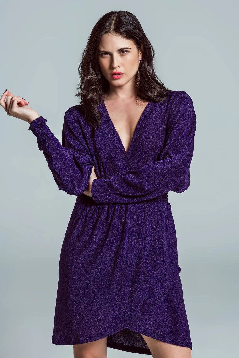 Purple Mini length glitter dress with deep V neck