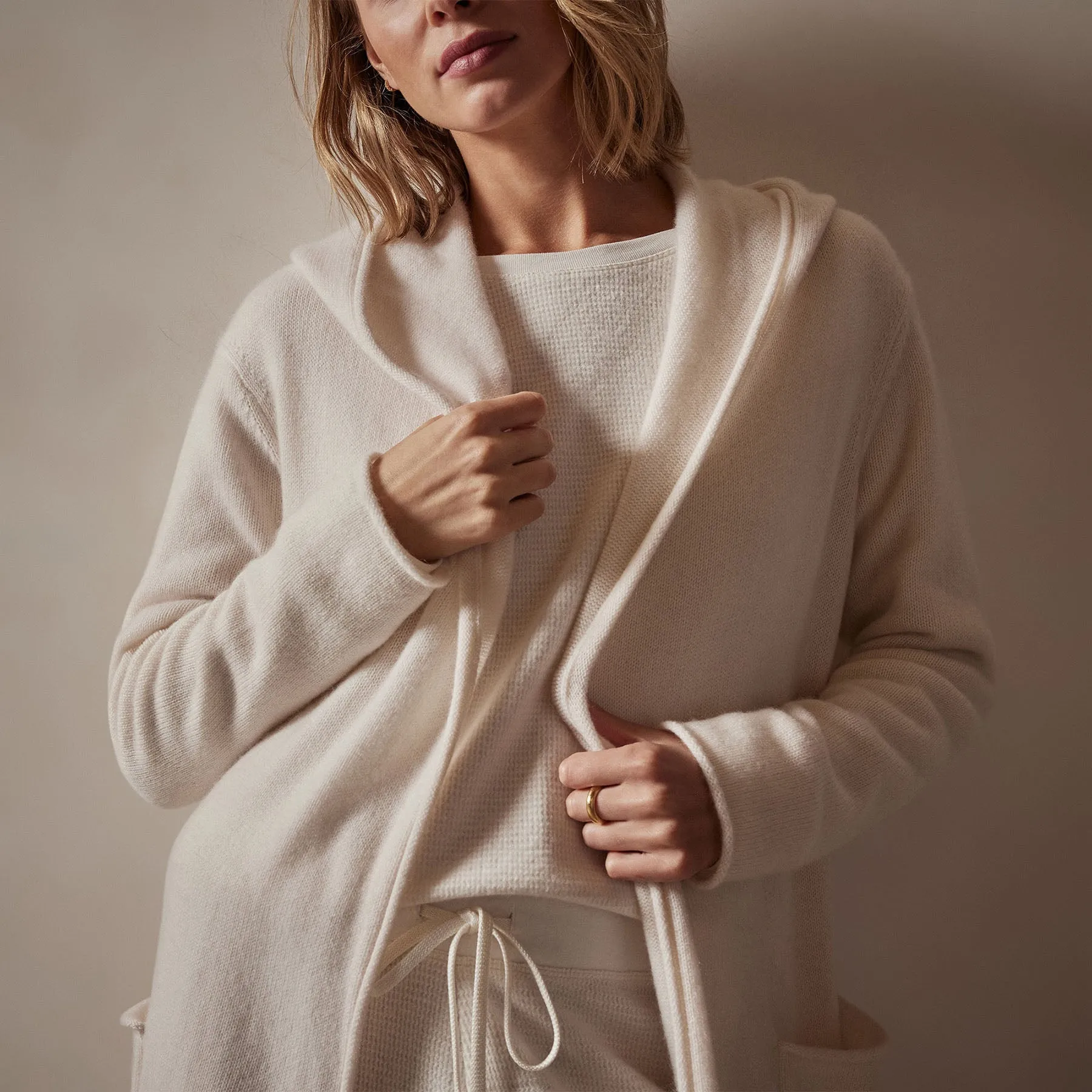 Recycled Cashmere Hooded Robe - Ivory