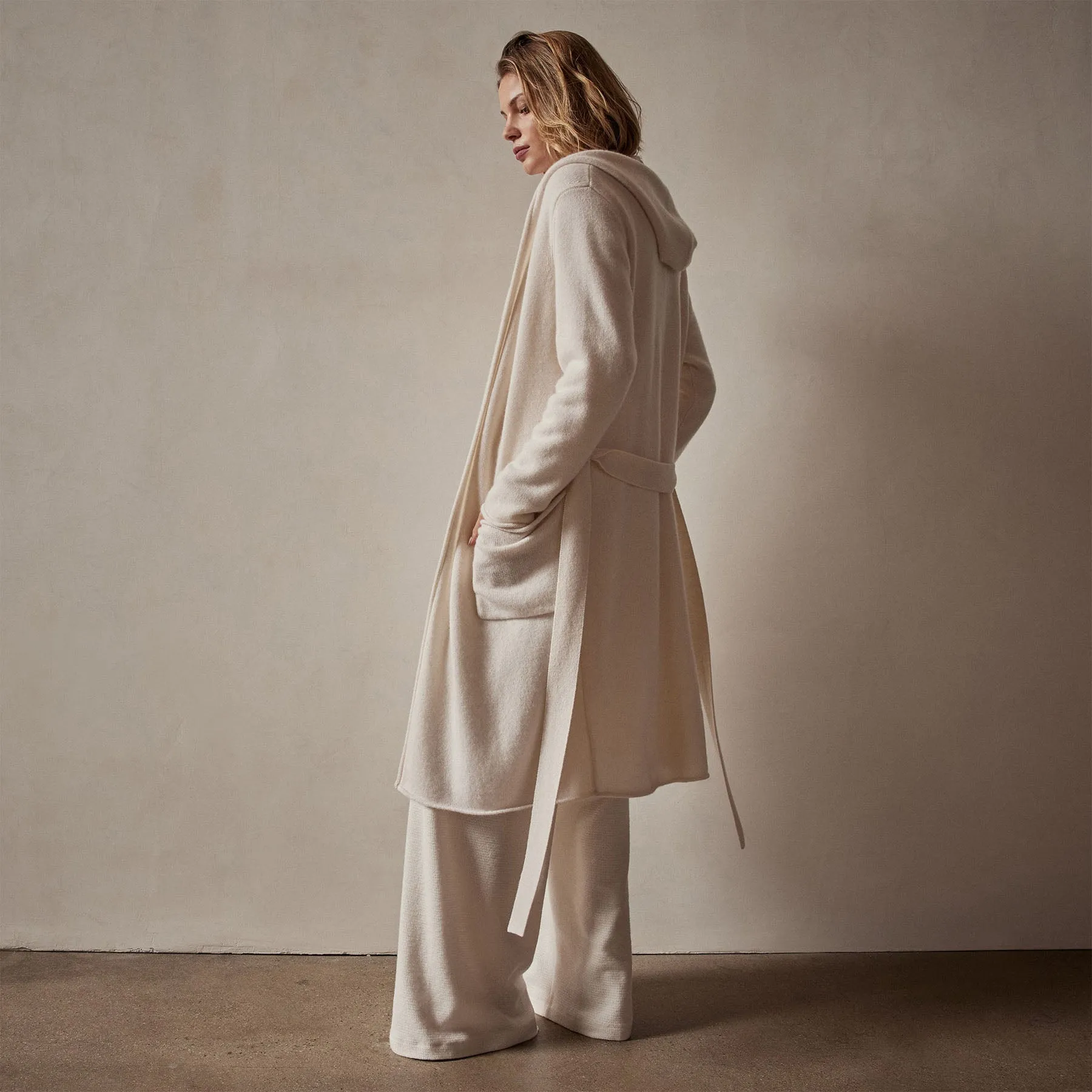 Recycled Cashmere Hooded Robe - Ivory