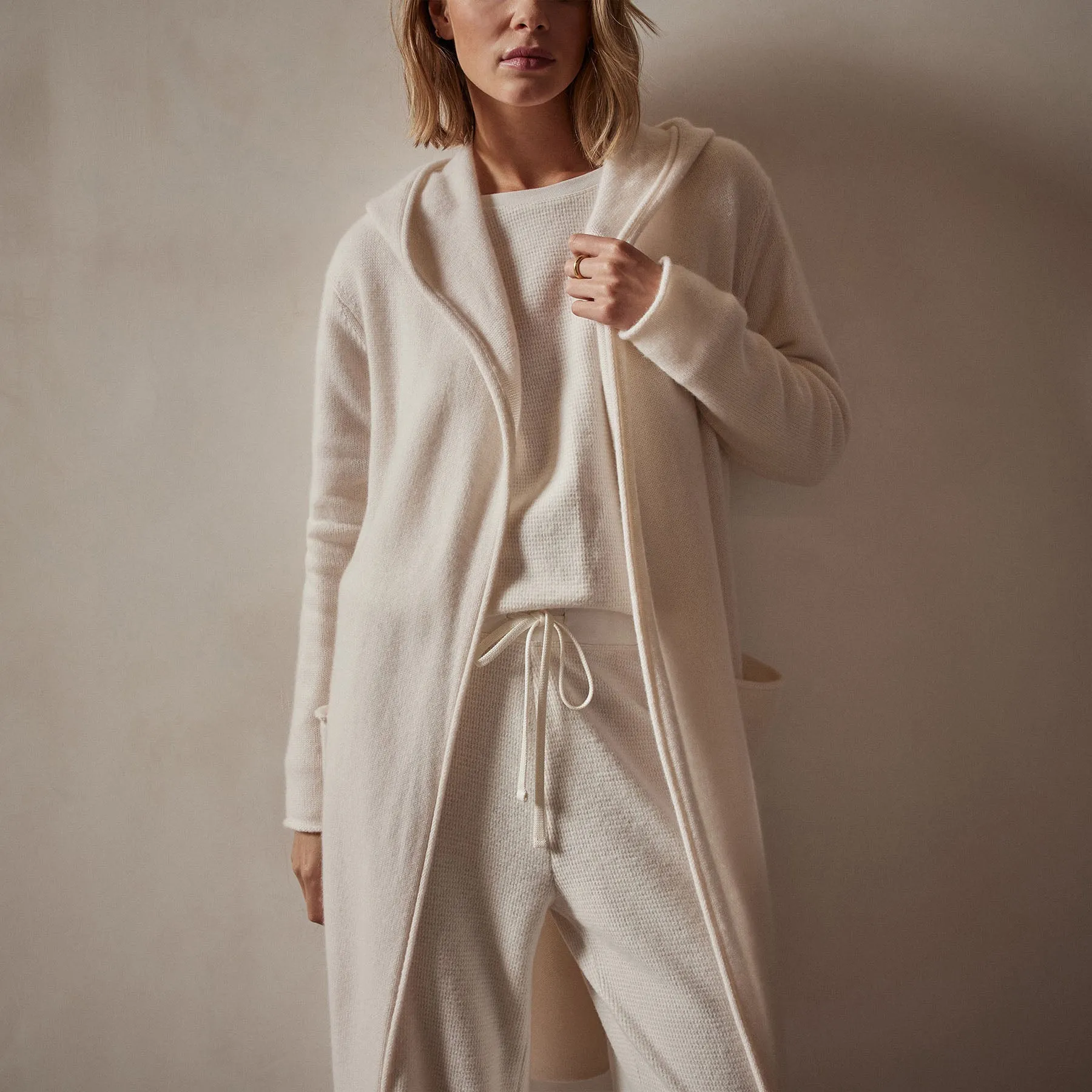Recycled Cashmere Hooded Robe - Ivory