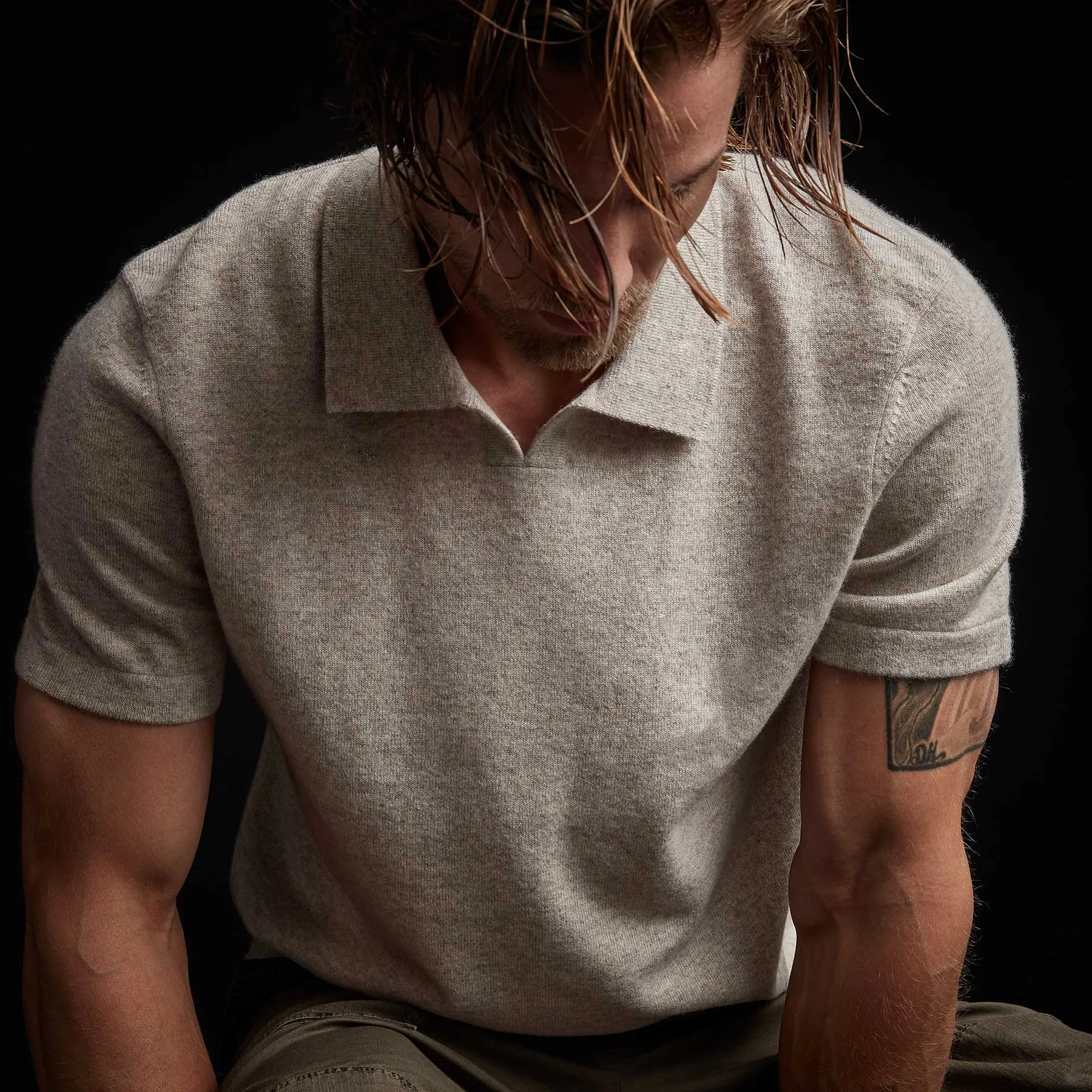 Recycled Cashmere Short Sleeve Polo - Stone