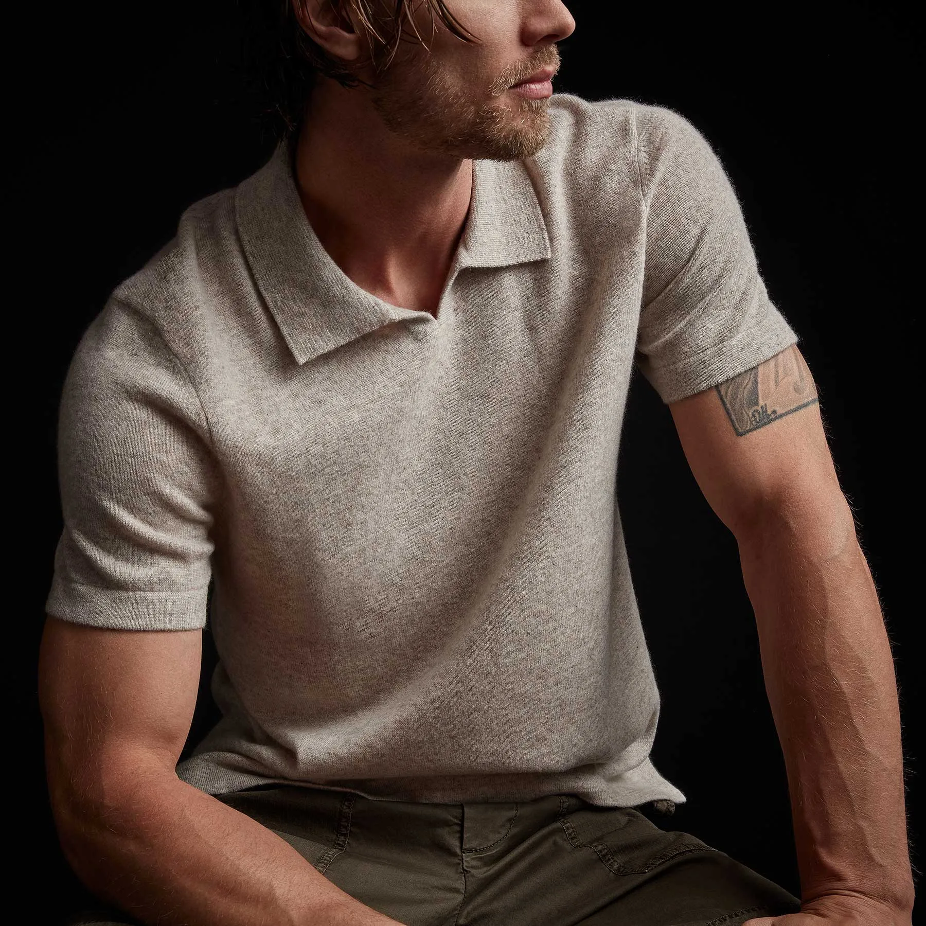 Recycled Cashmere Short Sleeve Polo - Stone