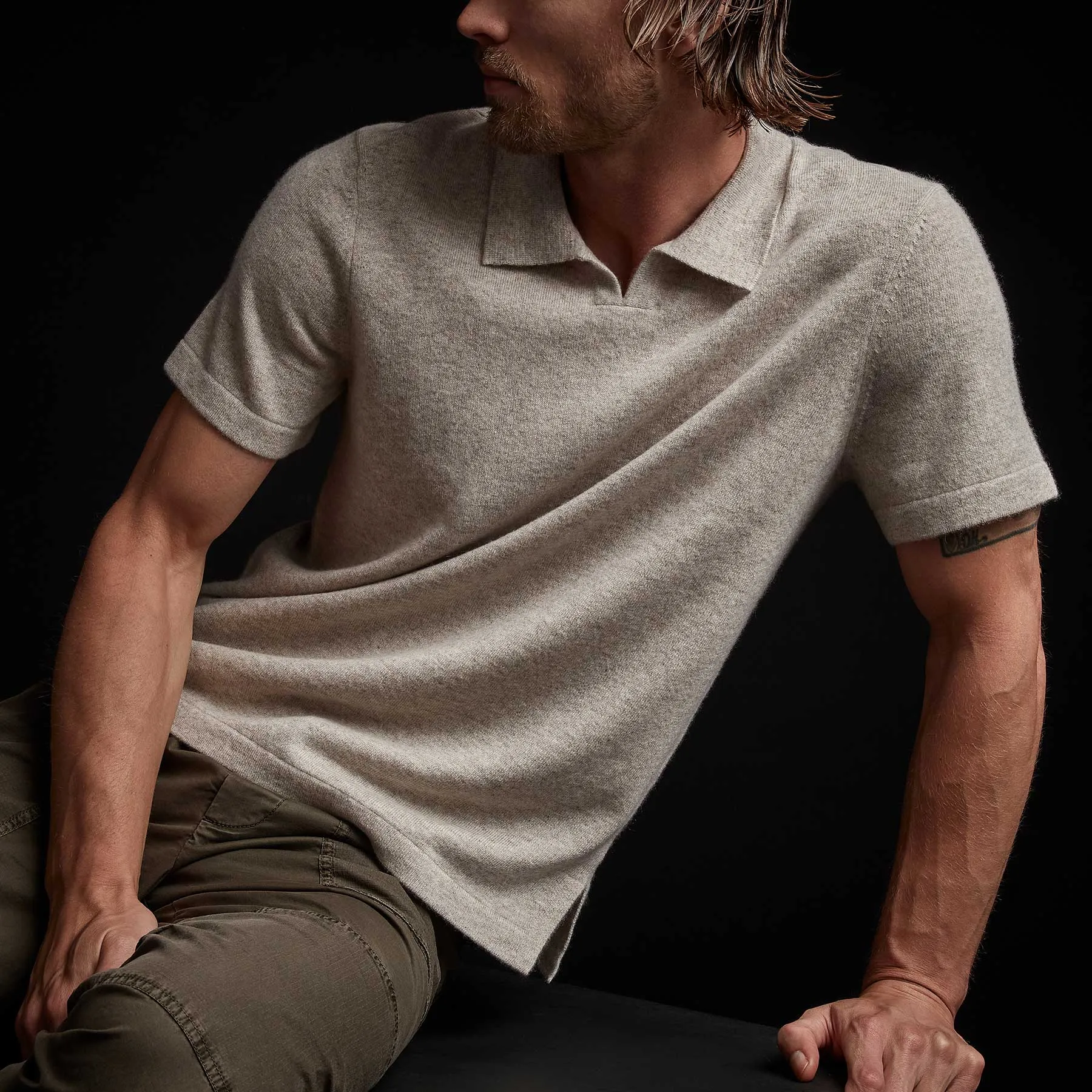 Recycled Cashmere Short Sleeve Polo - Stone