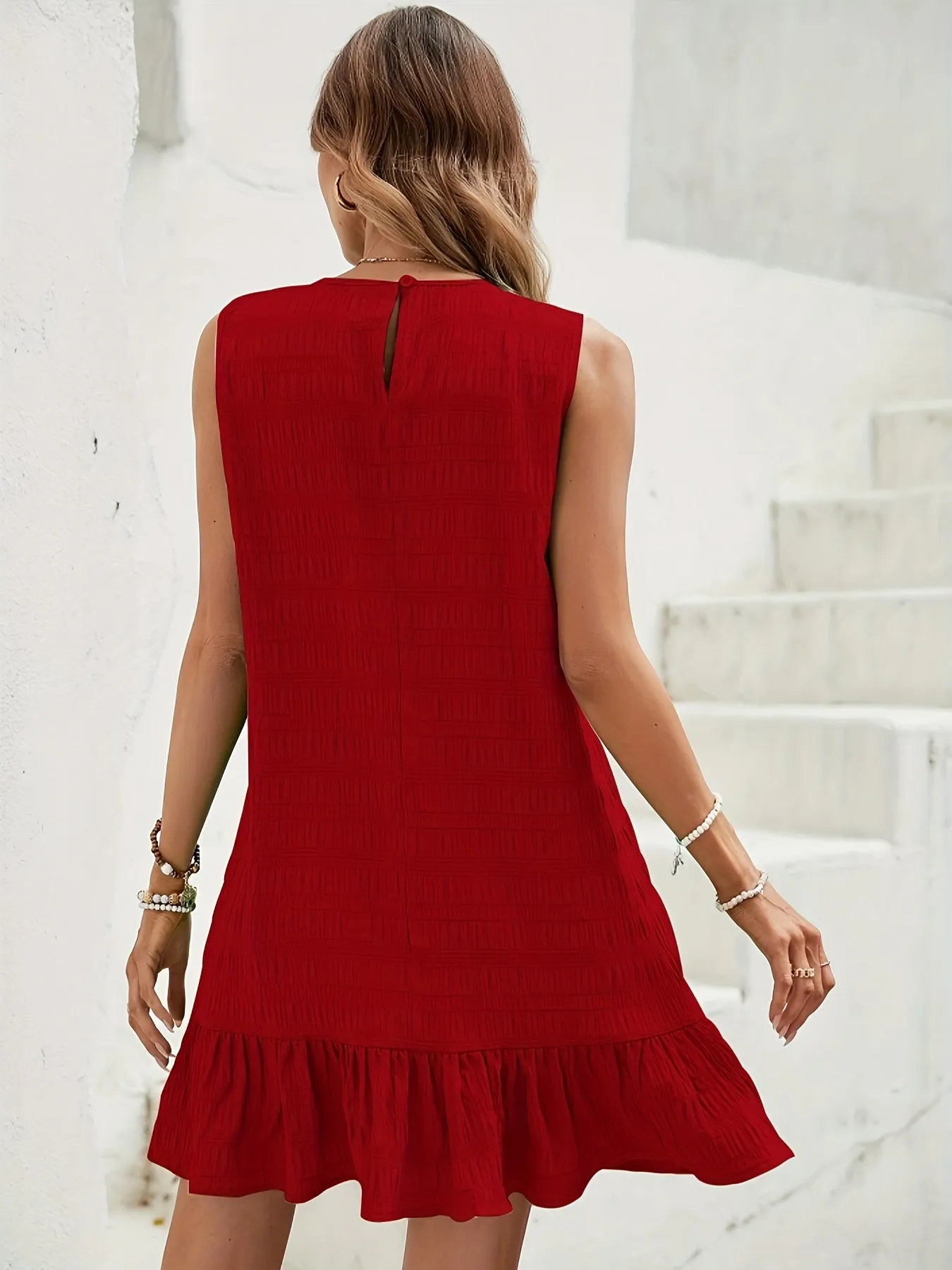 Red Aline Mini Dress With Ruffle At Hem