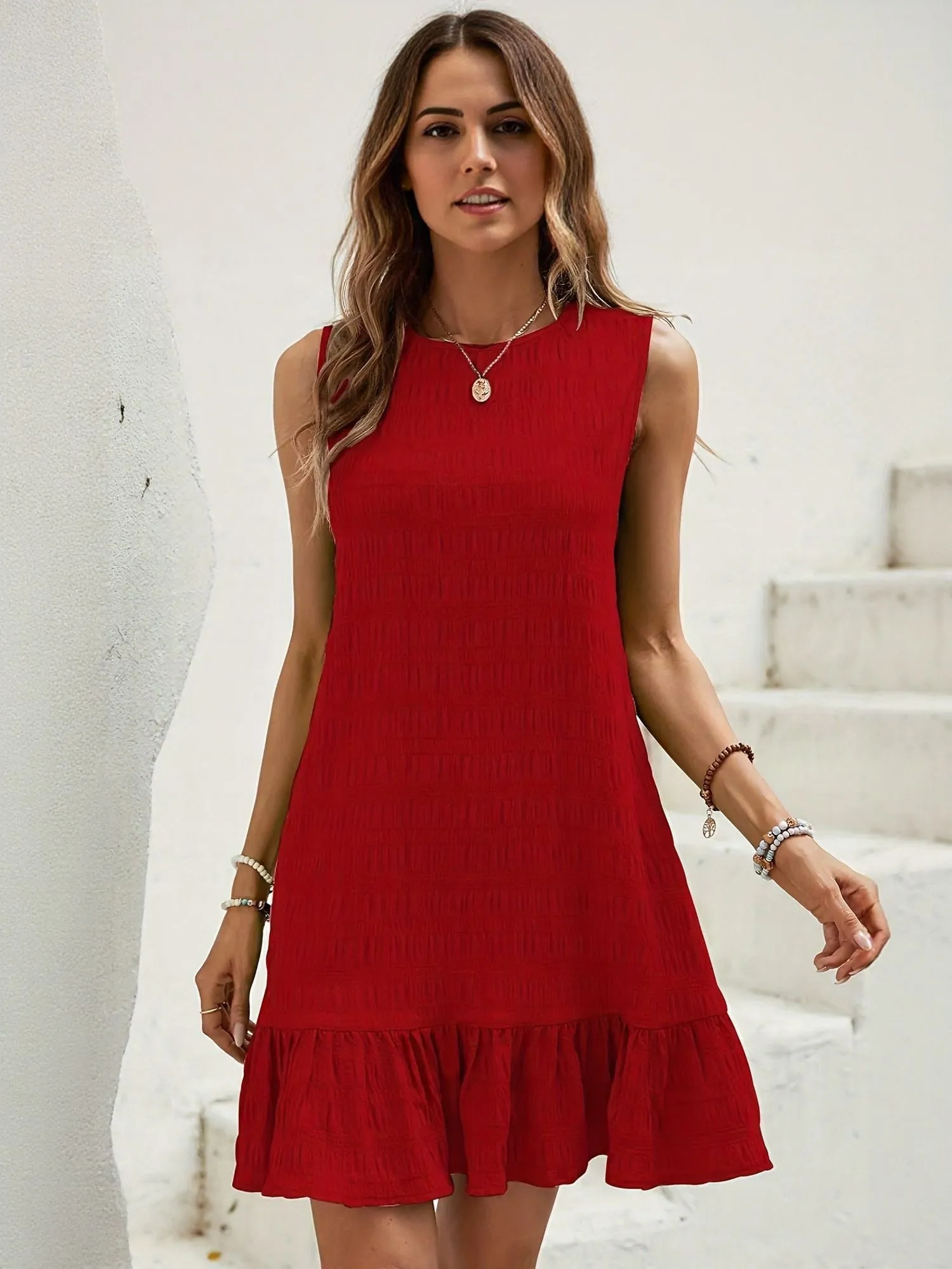 Red Aline Mini Dress With Ruffle At Hem