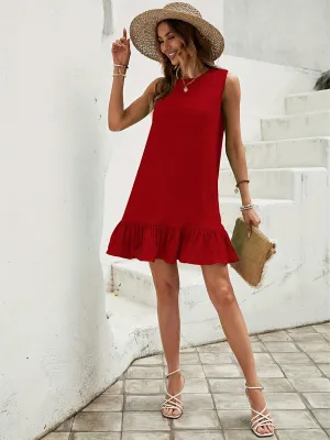 Red Aline Mini Dress With Ruffle At Hem