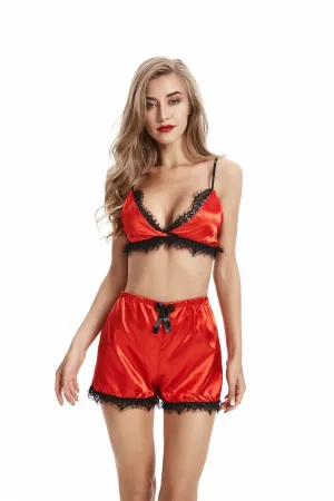 Red Sleepwear for Women - See Thru Lace 2 Piece Nightwear Lingerie Set with G-String