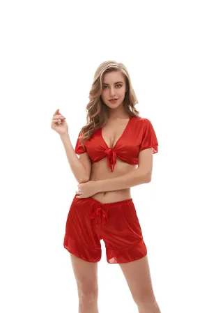 Red Transparent Sleepwear for Women - See Thru Lace 2 Piece Nightwear Lingerie Set with