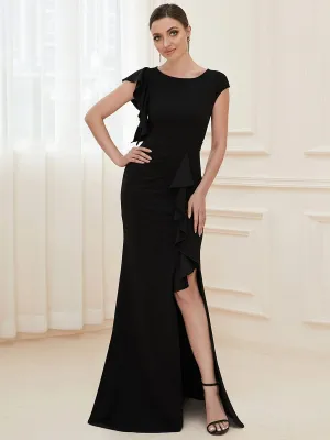 Robe longue fendue sur le devant asymétriques à volants Col U(Vente finale)