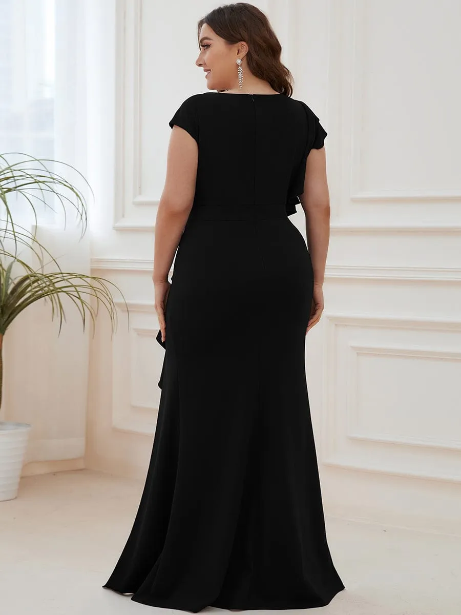 Robe longue fendue sur le devant asymétriques à volants Col U(Vente finale)