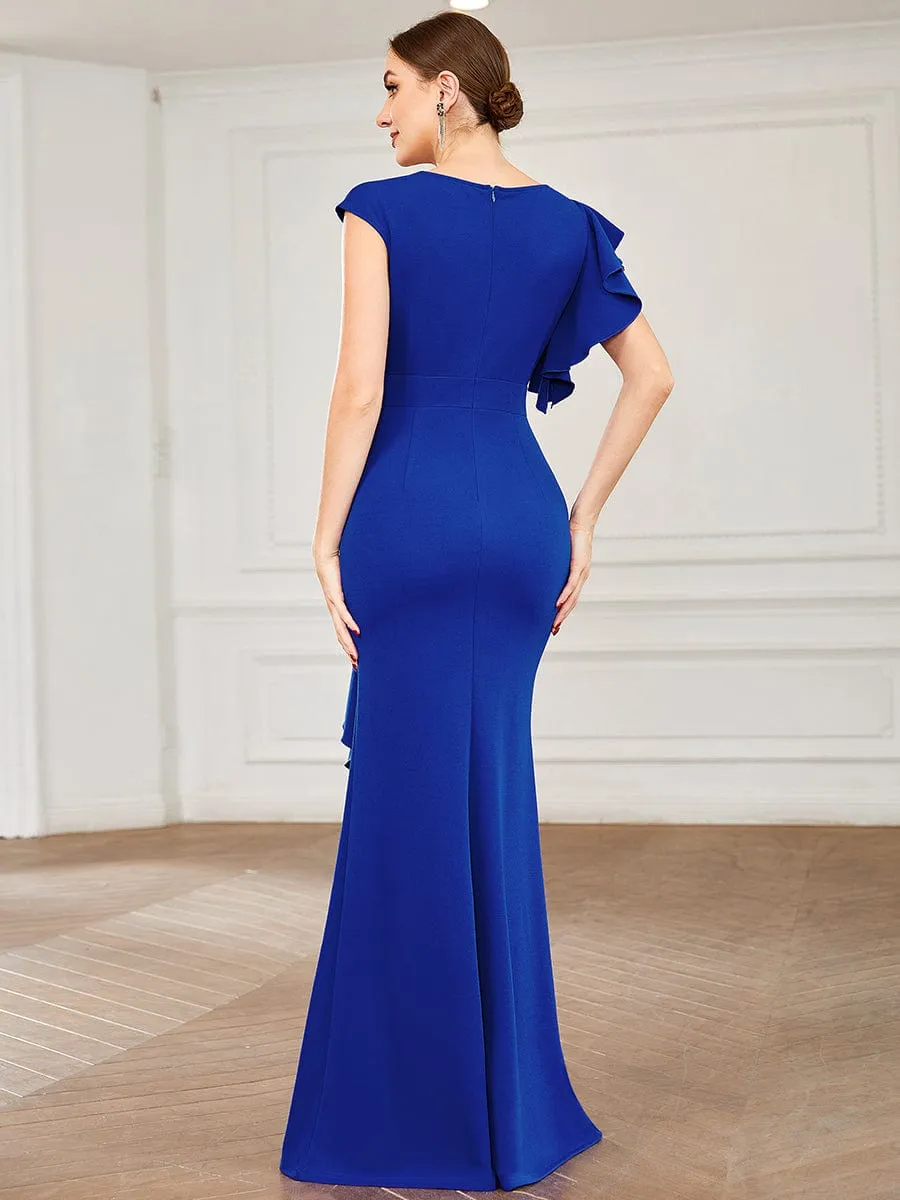 Robe longue fendue sur le devant asymétriques à volants Col U(Vente finale)