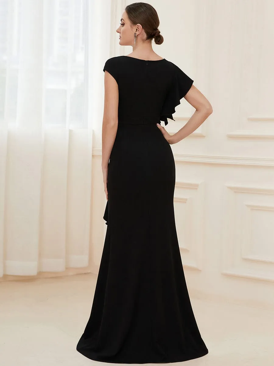Robe longue fendue sur le devant asymétriques à volants Col U(Vente finale)