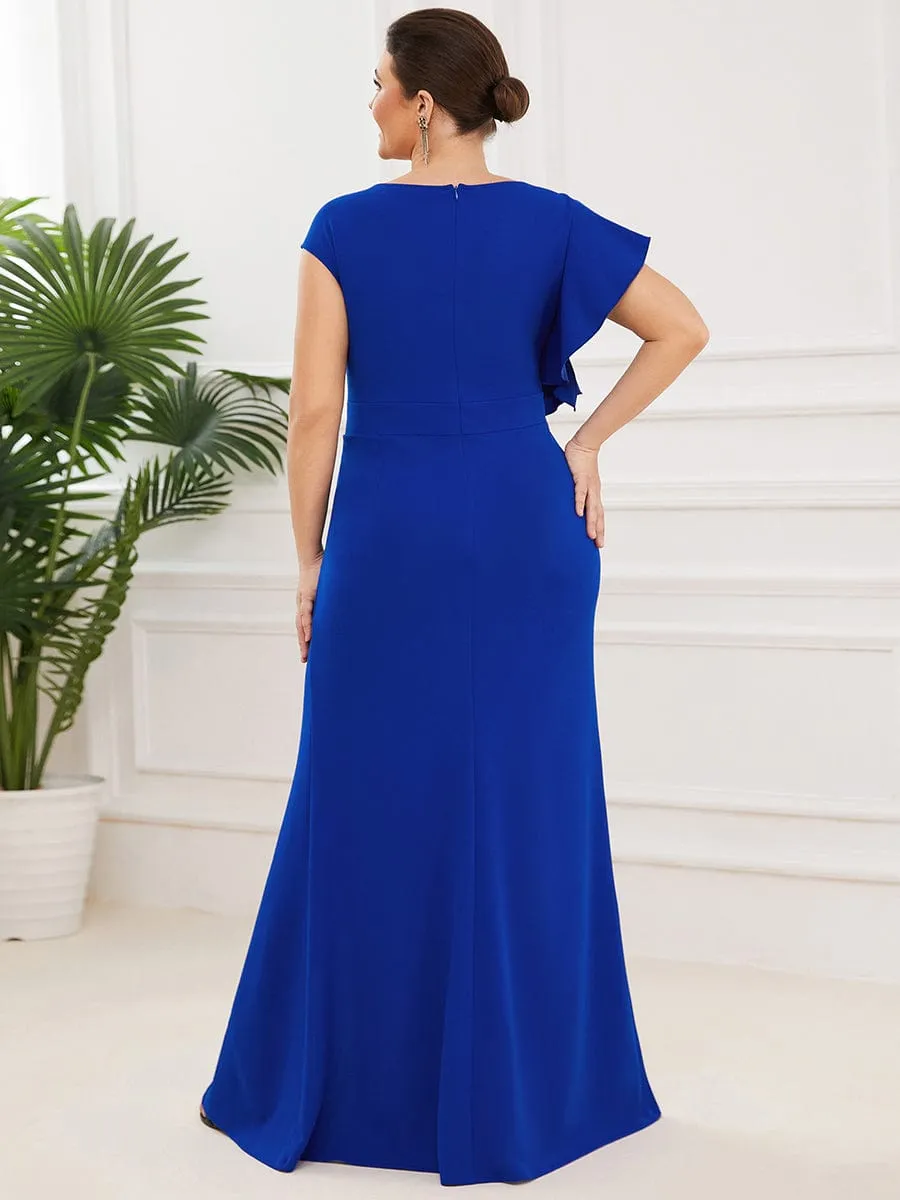 Robe longue fendue sur le devant asymétriques à volants Col U(Vente finale)