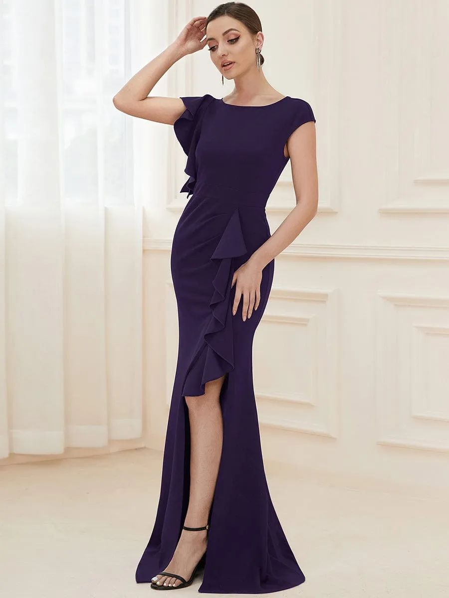 Robe longue fendue sur le devant asymétriques à volants Col U(Vente finale)