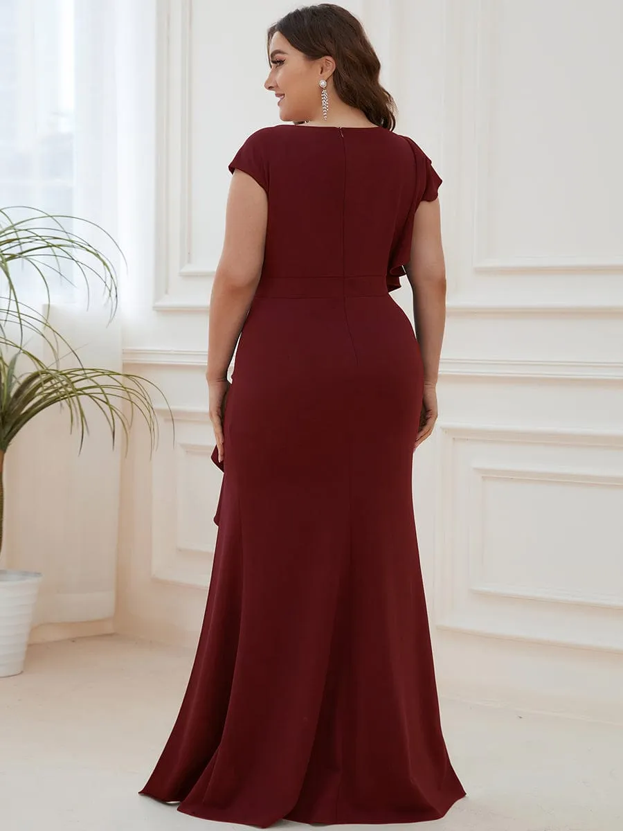 Robe longue fendue sur le devant asymétriques à volants Col U(Vente finale)